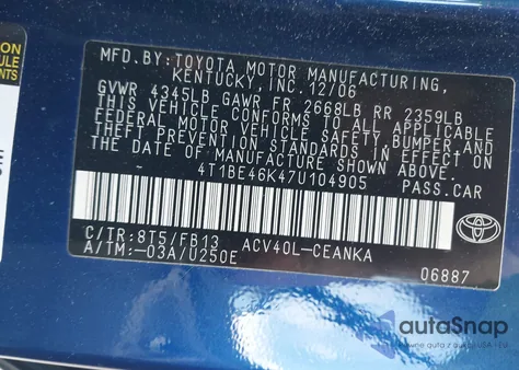 2007 Toyota Camry Le из США, поврежденный, VIN 4T1BE46K47U104905